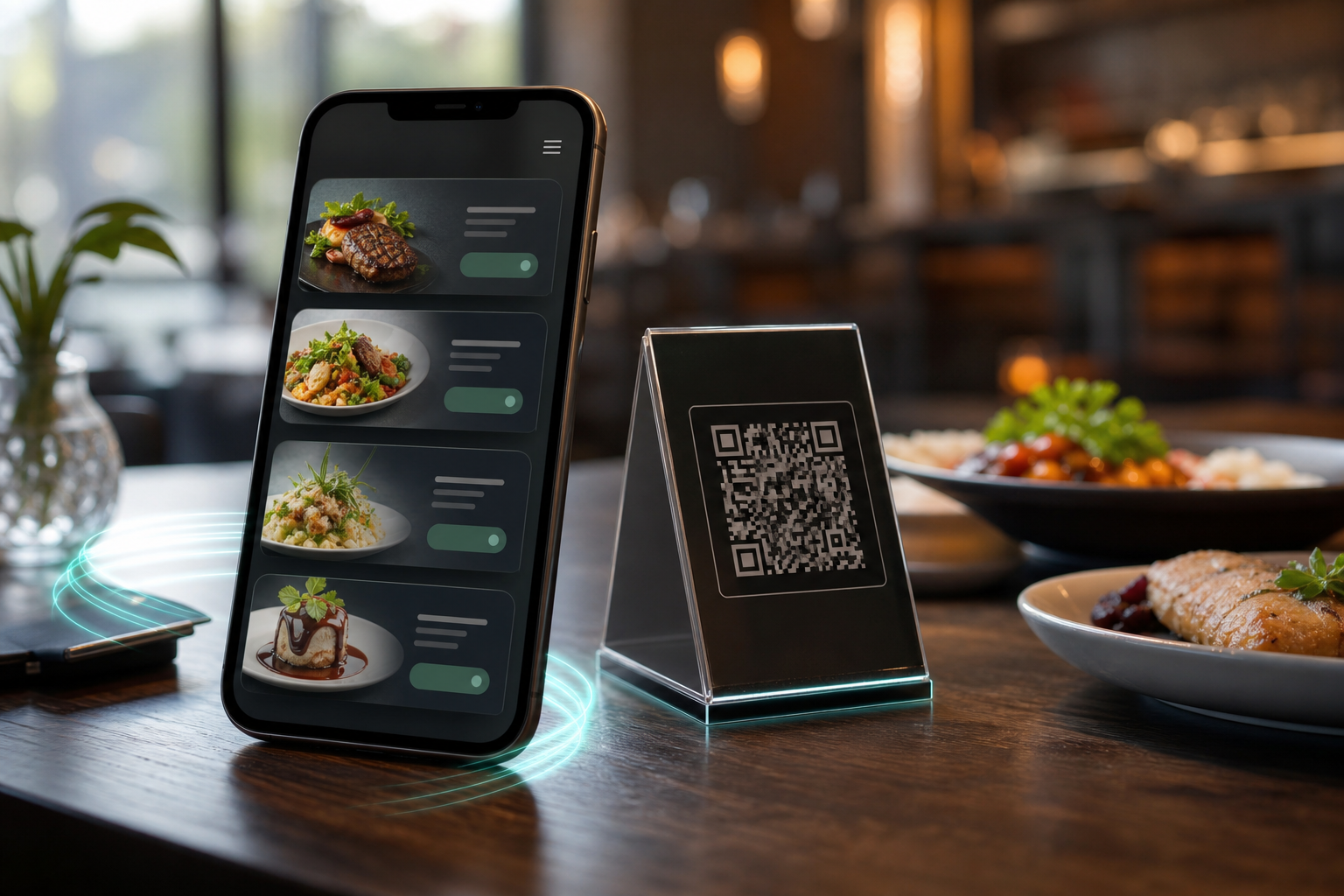 Celular com cardápio online em mesa de restaurante